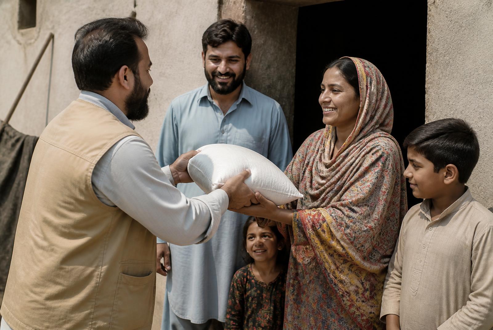 A humanitarian worker handing a parcel of food supplies to a smiling family