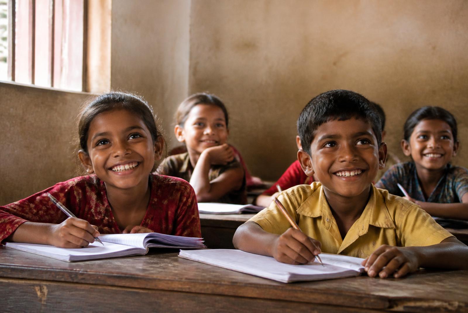 Children smiling while writing in notebooks in a simple classroom