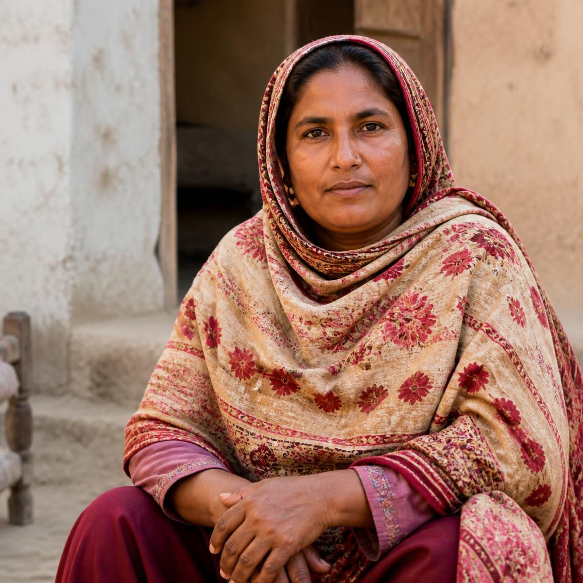 A woman seated outside a simple home, looking toward the camera